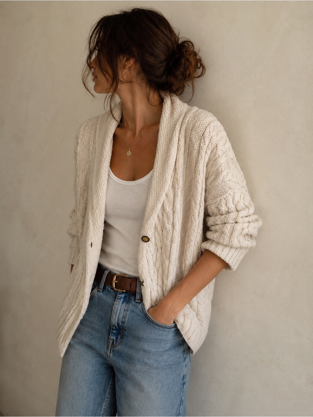 Vintage Cotton Cable Knit Shawl Collar Cardigan